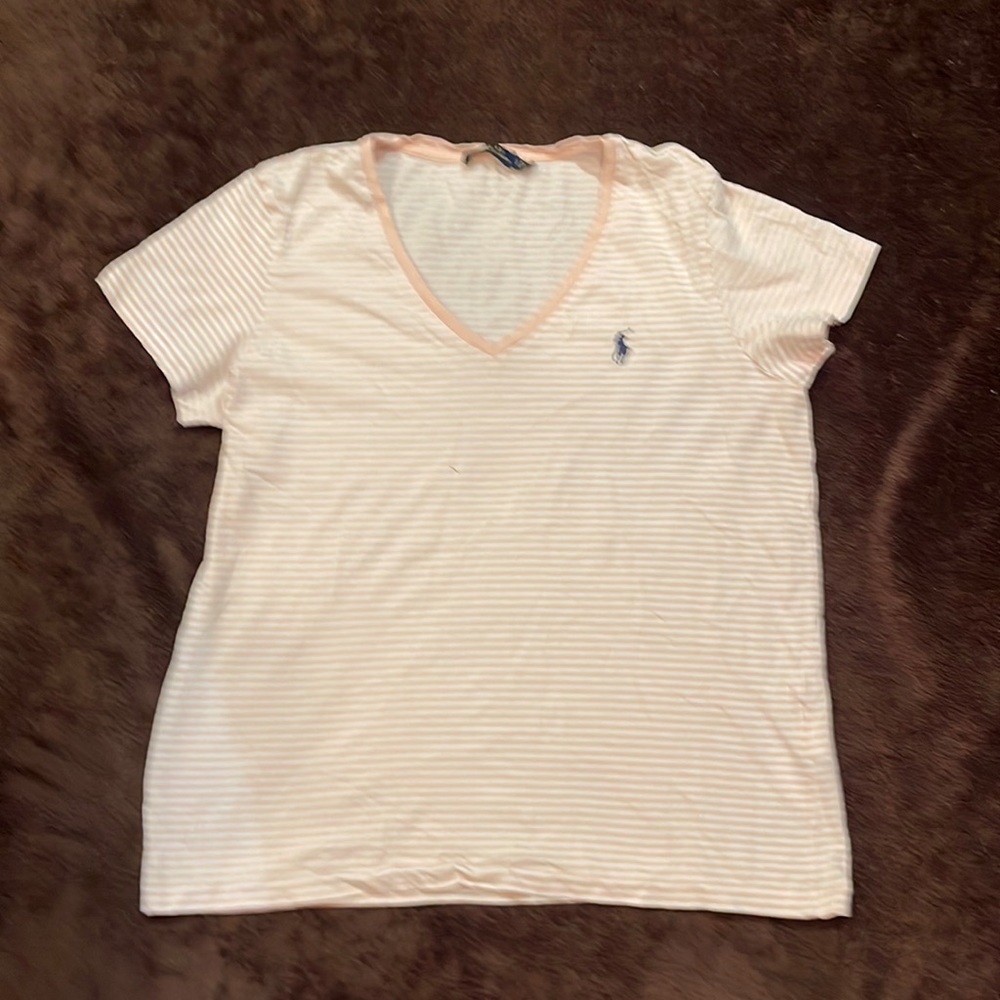 Pink and white Polo tee shirt. Worn once. Cotton size large.